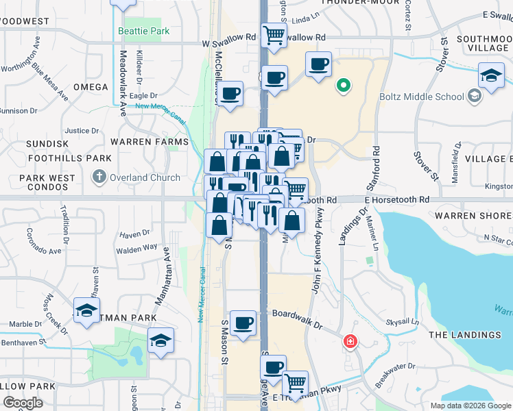 map of restaurants, bars, coffee shops, grocery stores, and more near 3657 South College Avenue in Fort Collins