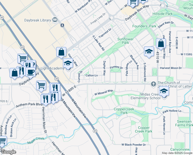 map of restaurants, bars, coffee shops, grocery stores, and more near 4947 Calton Lane in South Jordan