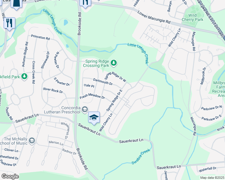 map of restaurants, bars, coffee shops, grocery stores, and more near 5275 Green Lawn Drive in Macungie