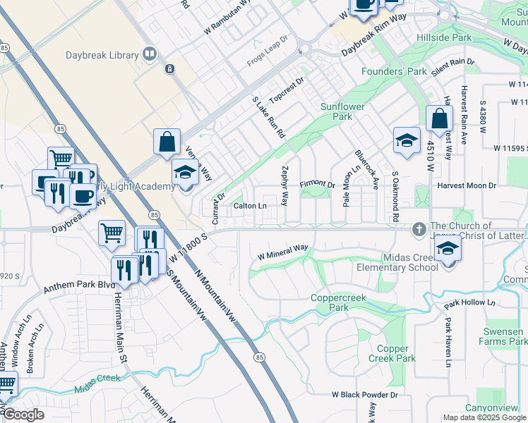 map of restaurants, bars, coffee shops, grocery stores, and more near 4947 Calton Lane in South Jordan