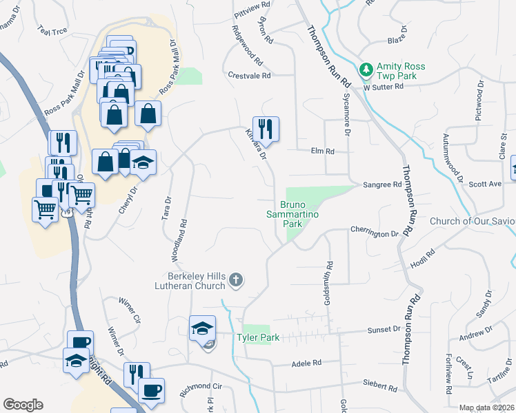 map of restaurants, bars, coffee shops, grocery stores, and more near 105 Glen Da Lough Ct in Pittsburgh
