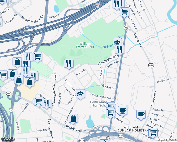 map of restaurants, bars, coffee shops, grocery stores, and more near 717 Franklin Drive in Perth Amboy