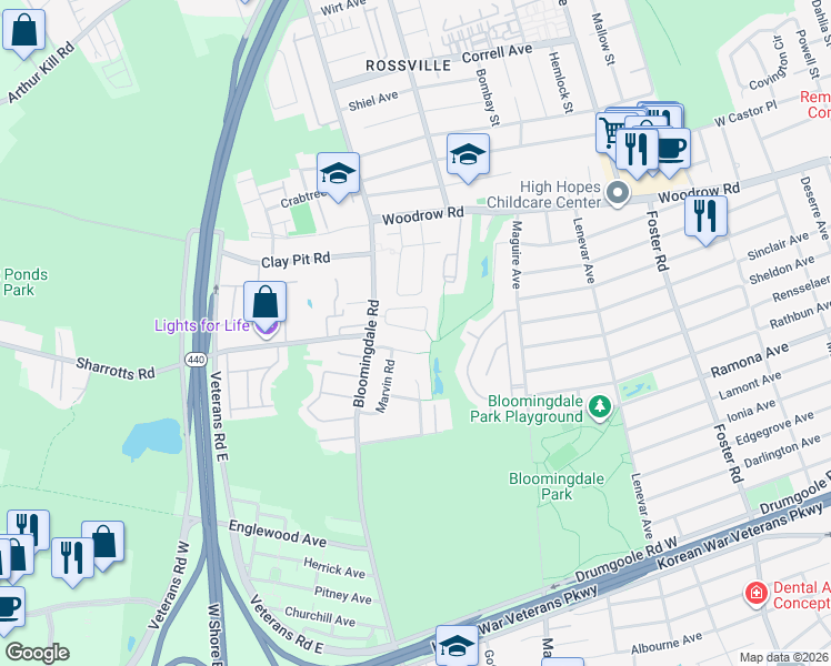 map of restaurants, bars, coffee shops, grocery stores, and more near 72 Marisa Circle in Staten Island