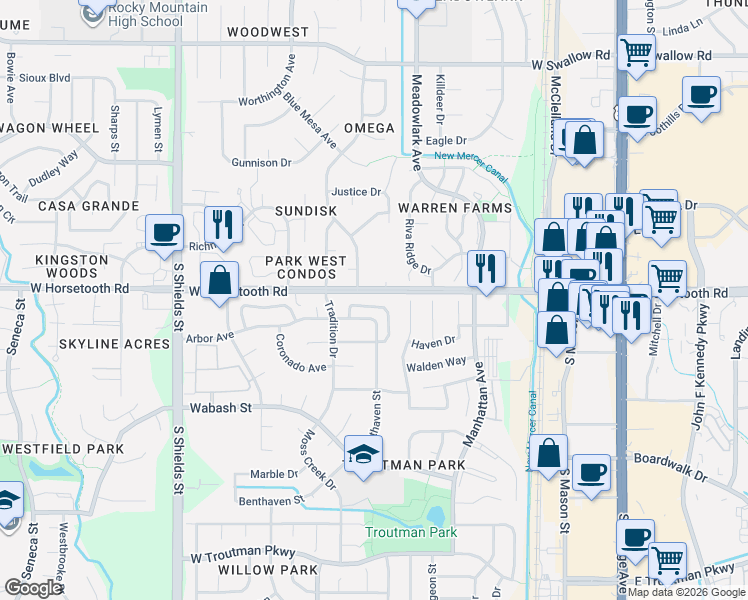 map of restaurants, bars, coffee shops, grocery stores, and more near 3621 Rockaway Street in Fort Collins