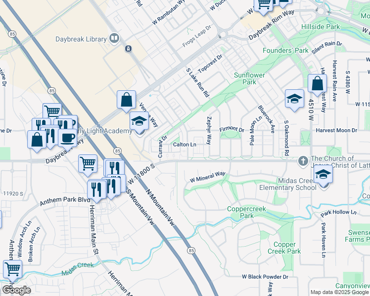 map of restaurants, bars, coffee shops, grocery stores, and more near 11776 Grandville Avenue in South Jordan