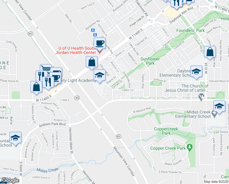 map of restaurants, bars, coffee shops, grocery stores, and more near 5011 Calton Lane in South Jordan