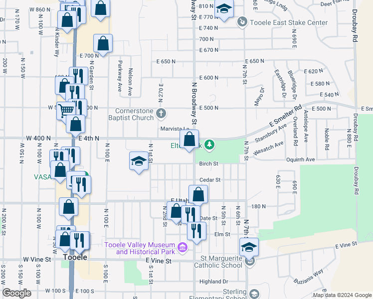 map of restaurants, bars, coffee shops, grocery stores, and more near 357 North Broadway Street in Tooele