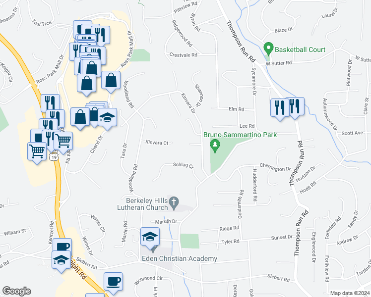 map of restaurants, bars, coffee shops, grocery stores, and more near 105 Glen Da Lough Court in Pittsburgh