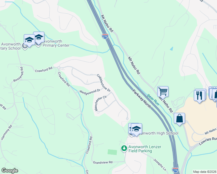 map of restaurants, bars, coffee shops, grocery stores, and more near 201 Cobblestone Drive in Pittsburgh