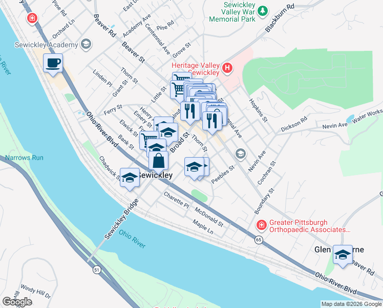 map of restaurants, bars, coffee shops, grocery stores, and more near 330 Chestnut Street in Sewickley