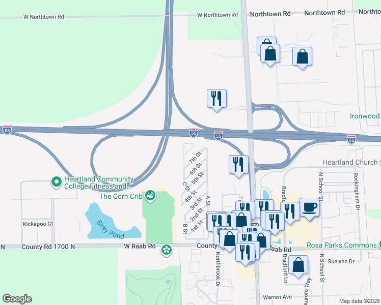 map of restaurants, bars, coffee shops, grocery stores, and more near 873 8th Street in Normal