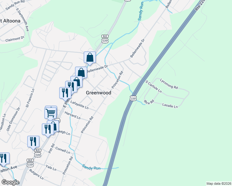 map of restaurants, bars, coffee shops, grocery stores, and more near Scarlett Lane in Altoona