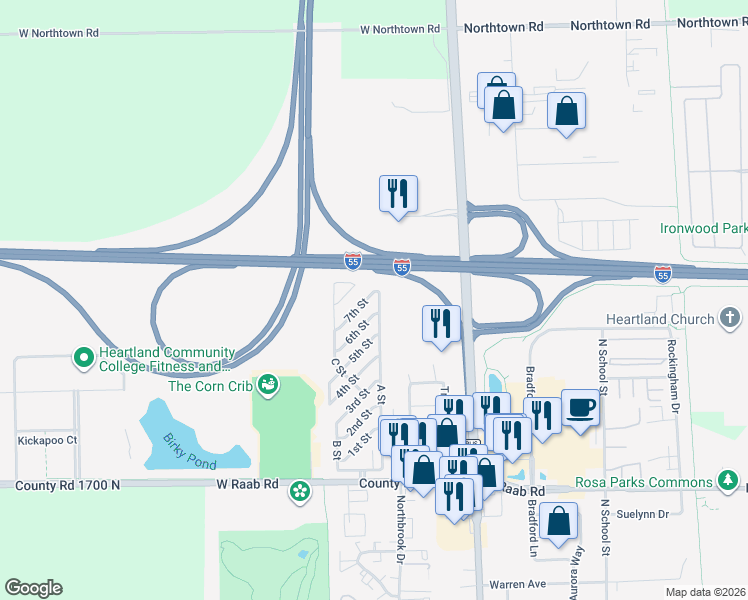 map of restaurants, bars, coffee shops, grocery stores, and more near 70-98 A Street in Normal