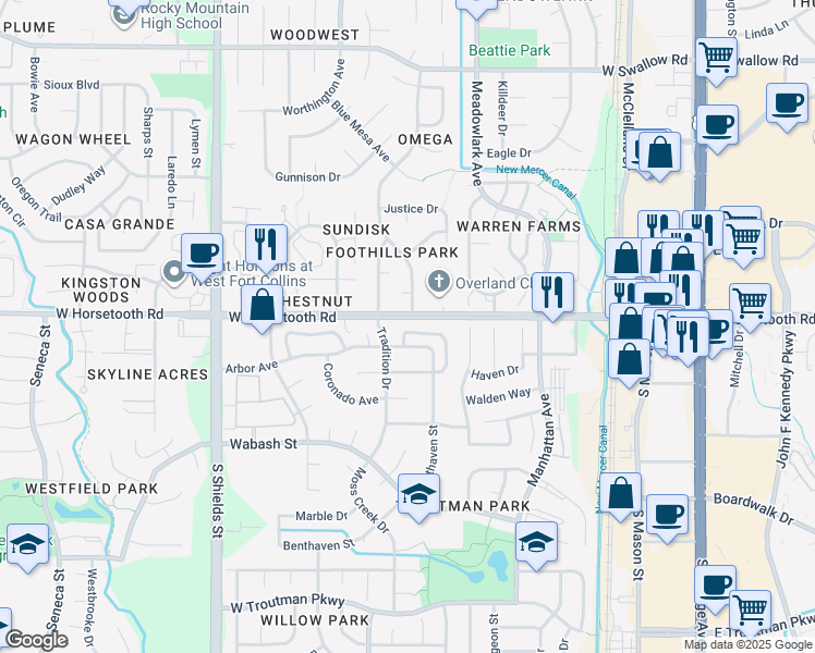 map of restaurants, bars, coffee shops, grocery stores, and more near 720 Arbor Avenue in Fort Collins