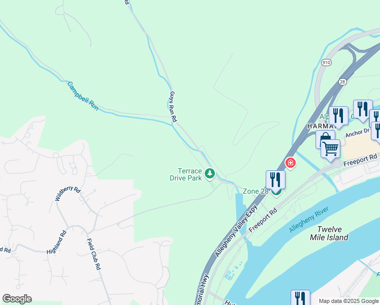 map of restaurants, bars, coffee shops, grocery stores, and more near 503 Terrace Drive in Pittsburgh