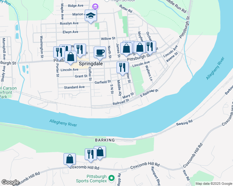 map of restaurants, bars, coffee shops, grocery stores, and more near 124 South North Street in Springdale
