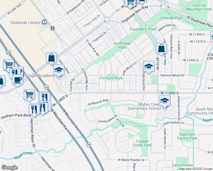 map of restaurants, bars, coffee shops, grocery stores, and more near 11751 South Lake Run Road in South Jordan
