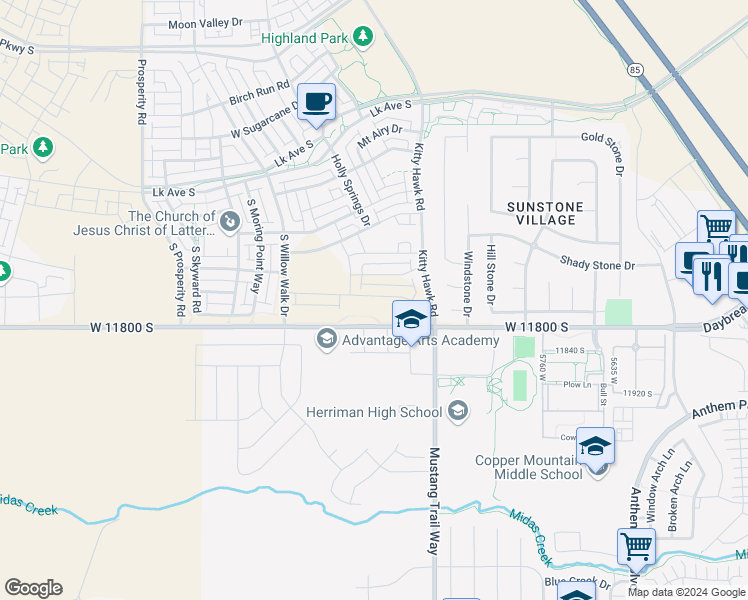 map of restaurants, bars, coffee shops, grocery stores, and more near 6077 West Franciscotti Drive in South Jordan