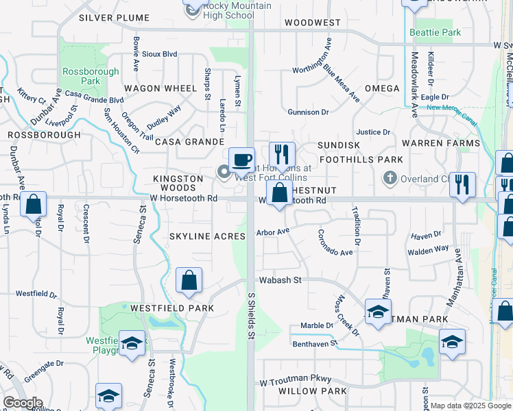 map of restaurants, bars, coffee shops, grocery stores, and more near 1066 South Shields Street in Fort Collins