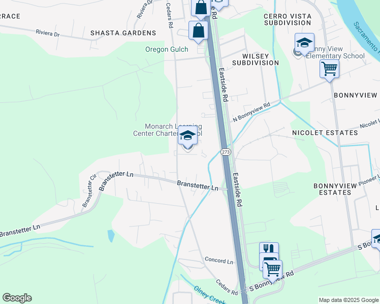 map of restaurants, bars, coffee shops, grocery stores, and more near 5307 Cedars Road in Redding