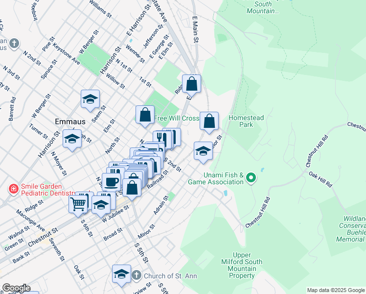 map of restaurants, bars, coffee shops, grocery stores, and more near 104 Garden Court in Emmaus