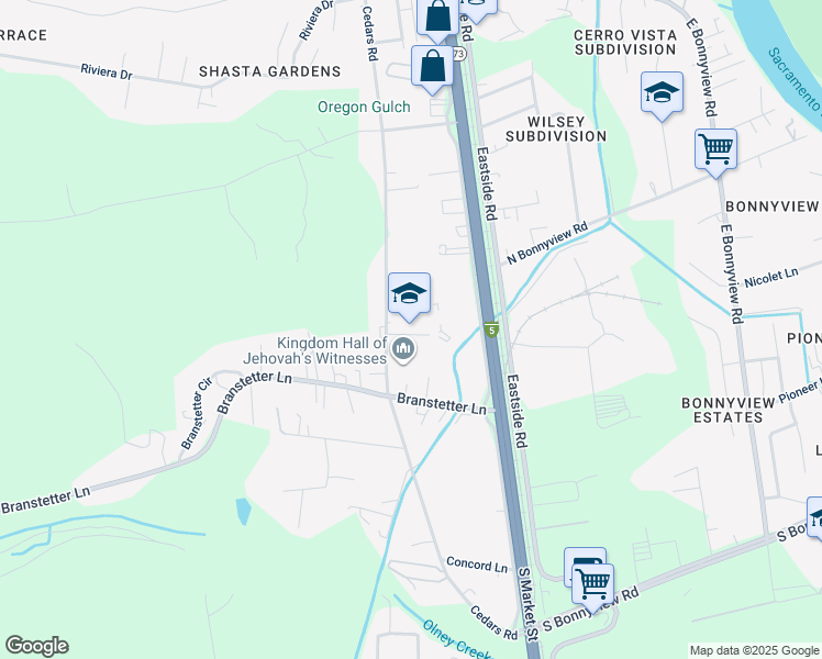 map of restaurants, bars, coffee shops, grocery stores, and more near 5307 Cedars Road in Redding