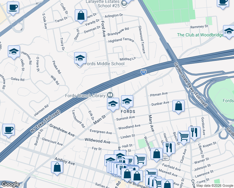 map of restaurants, bars, coffee shops, grocery stores, and more near 18 Drummond Avenue in Woodbridge Township