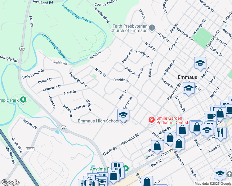map of restaurants, bars, coffee shops, grocery stores, and more near 934 North Seventh Street Circle in Emmaus