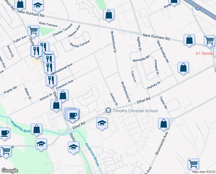 map of restaurants, bars, coffee shops, grocery stores, and more near 8 Justice Street in Piscataway Township