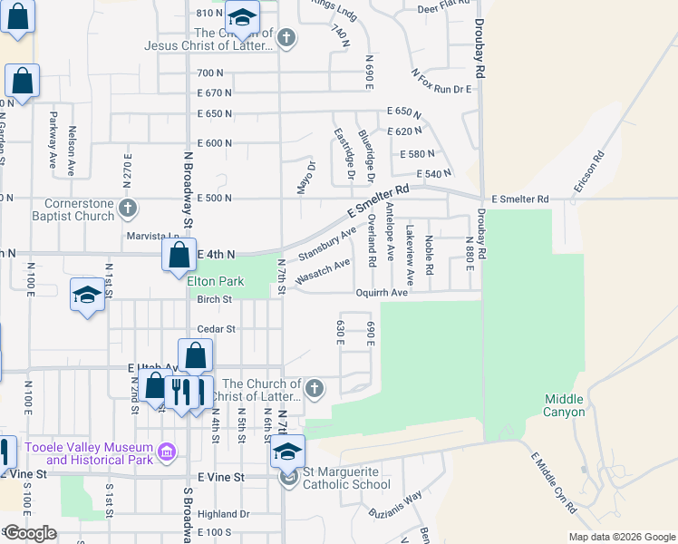map of restaurants, bars, coffee shops, grocery stores, and more near 613 Oquirrh Avenue in Tooele