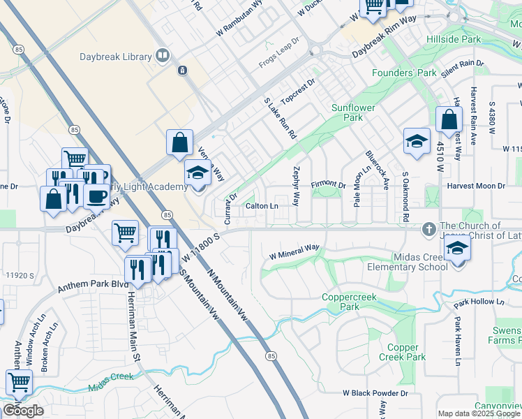 map of restaurants, bars, coffee shops, grocery stores, and more near 11754 South Grandville Avenue in South Jordan