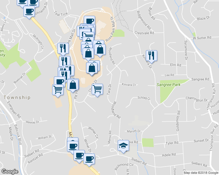 map of restaurants, bars, coffee shops, grocery stores, and more near 612 Tara Drive in Pittsburgh