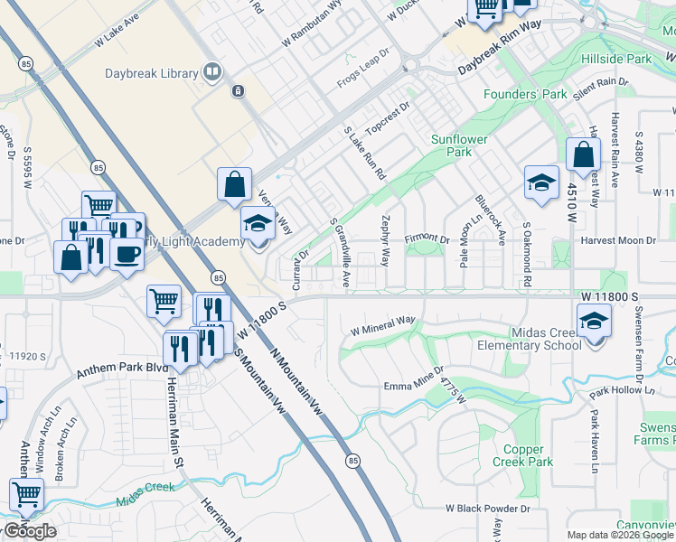 map of restaurants, bars, coffee shops, grocery stores, and more near 11754 South Grandville Avenue in South Jordan