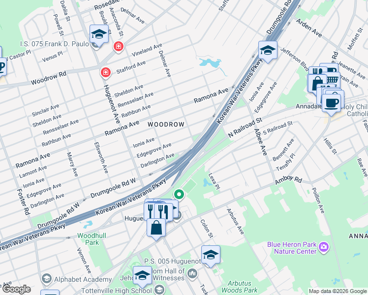 map of restaurants, bars, coffee shops, grocery stores, and more near 135 Darlington Avenue in Staten Island