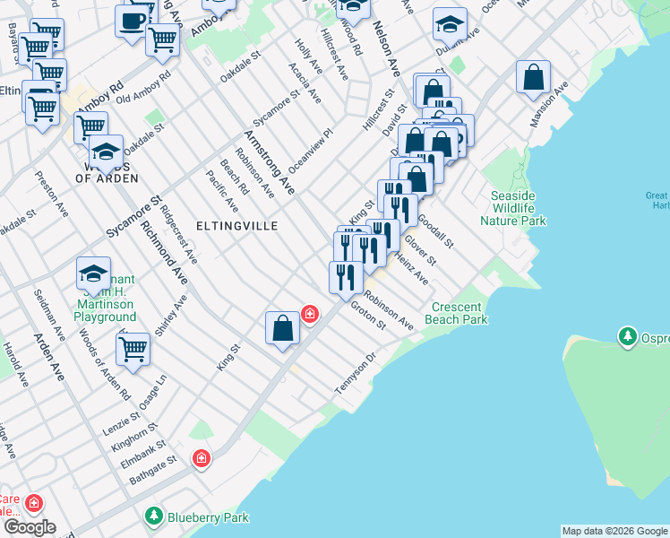 map of restaurants, bars, coffee shops, grocery stores, and more near 143 Robinson Avenue in Staten Island