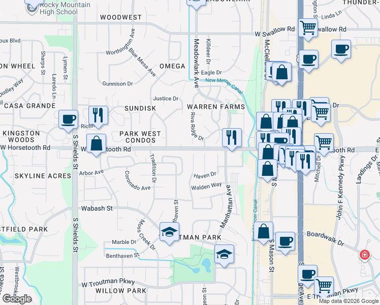 map of restaurants, bars, coffee shops, grocery stores, and more near 3621 Rockaway Street in Fort Collins