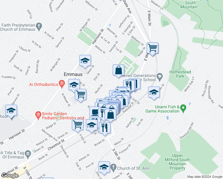 map of restaurants, bars, coffee shops, grocery stores, and more near 217 Ridge Street in Emmaus