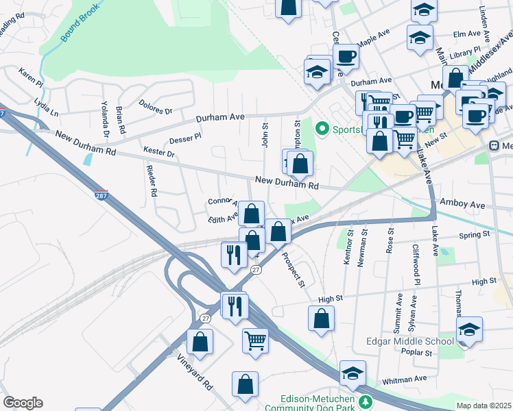 map of restaurants, bars, coffee shops, grocery stores, and more near 2 Robert Circle in Metuchen