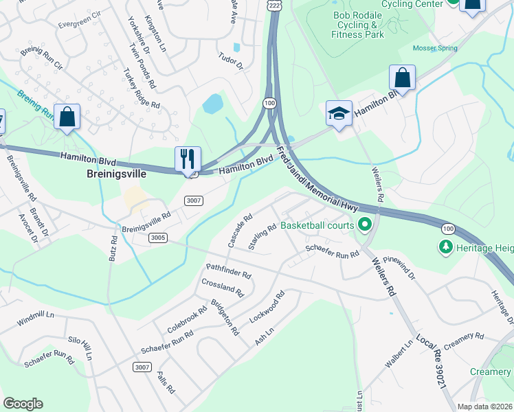 map of restaurants, bars, coffee shops, grocery stores, and more near 8604 Cascade Road in Breinigsville