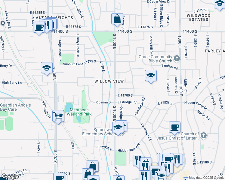 map of restaurants, bars, coffee shops, grocery stores, and more near 11750 South 1000 East in Sandy