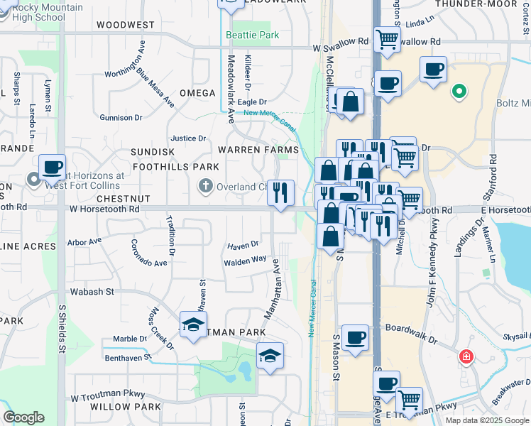 map of restaurants, bars, coffee shops, grocery stores, and more near in Fort Collins