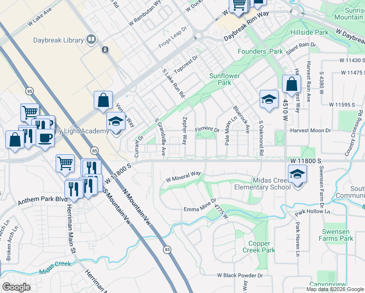 map of restaurants, bars, coffee shops, grocery stores, and more near 4903 Calton Lane in South Jordan