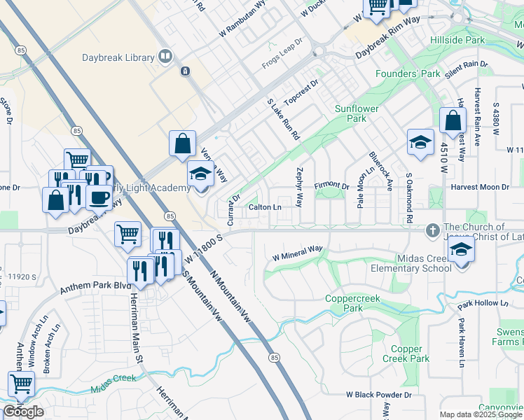 map of restaurants, bars, coffee shops, grocery stores, and more near 11776 Grandville Avenue in South Jordan