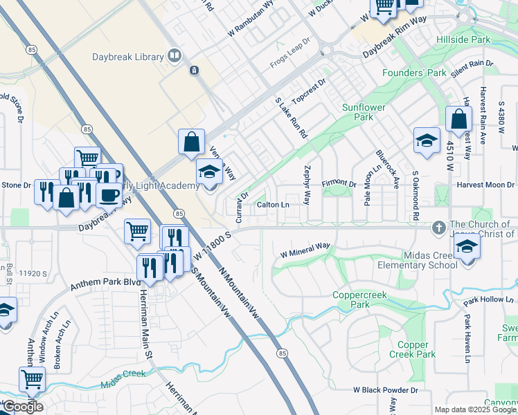 map of restaurants, bars, coffee shops, grocery stores, and more near 5011 Calton Lane in South Jordan