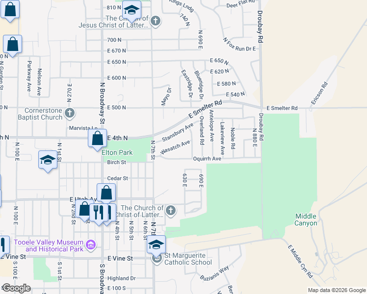 map of restaurants, bars, coffee shops, grocery stores, and more near 613 Oquirrh Avenue in Tooele