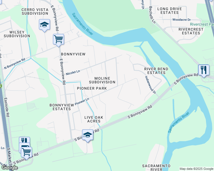 map of restaurants, bars, coffee shops, grocery stores, and more near 3465 Pioneer Lane in Redding