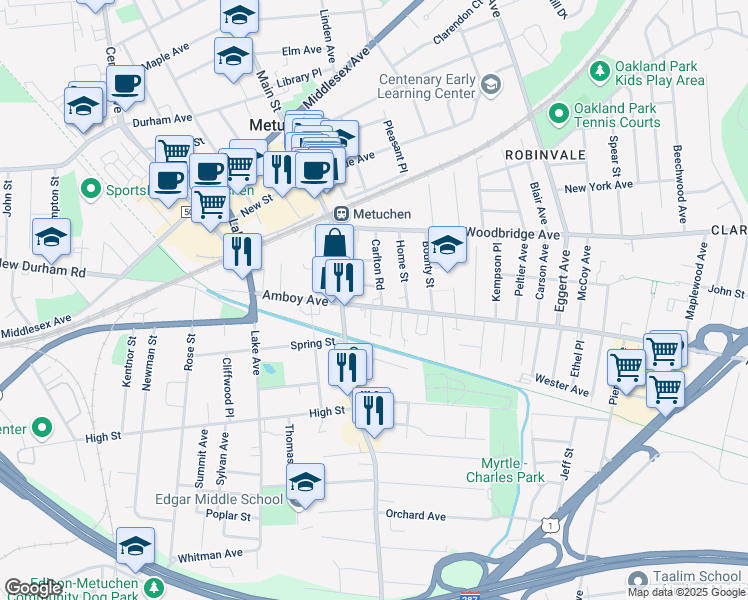 map of restaurants, bars, coffee shops, grocery stores, and more near 259 Amboy Avenue in Metuchen
