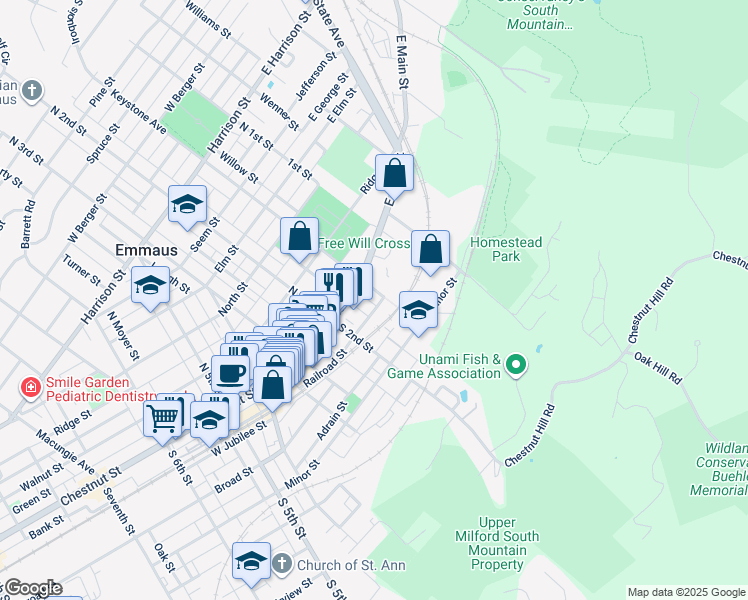 map of restaurants, bars, coffee shops, grocery stores, and more near 104 Garden Court in Emmaus