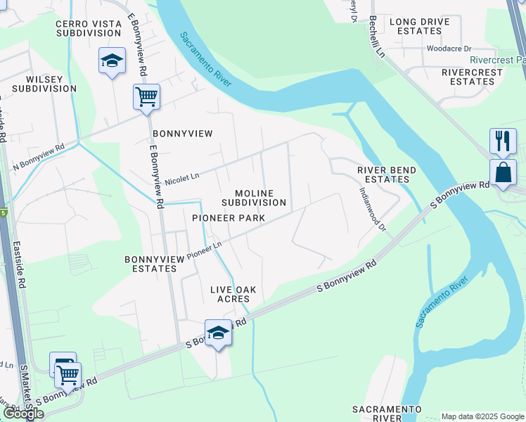map of restaurants, bars, coffee shops, grocery stores, and more near 5553 Elm Lane in Redding