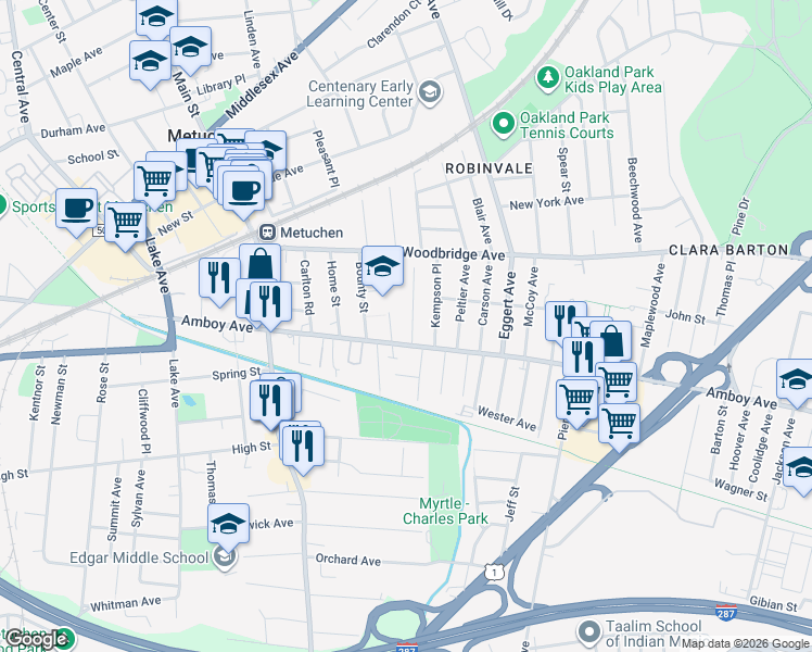 map of restaurants, bars, coffee shops, grocery stores, and more near 158 Amboy Avenue in Metuchen